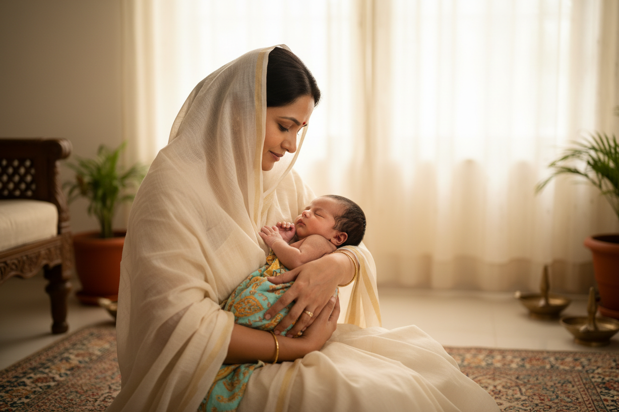 a new born indian mom and baby