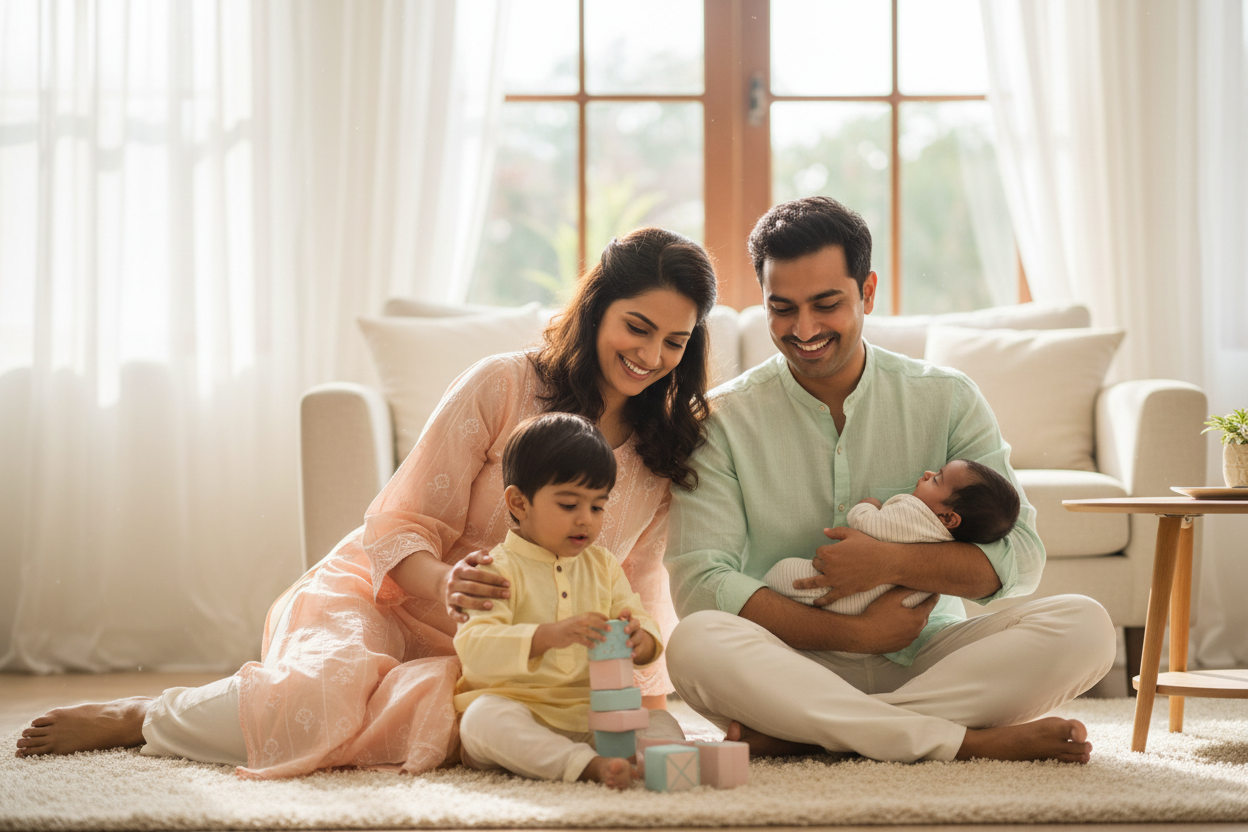 create a natural soft image of an indian family of mom, dad, a toddler and a baby in pastel colors