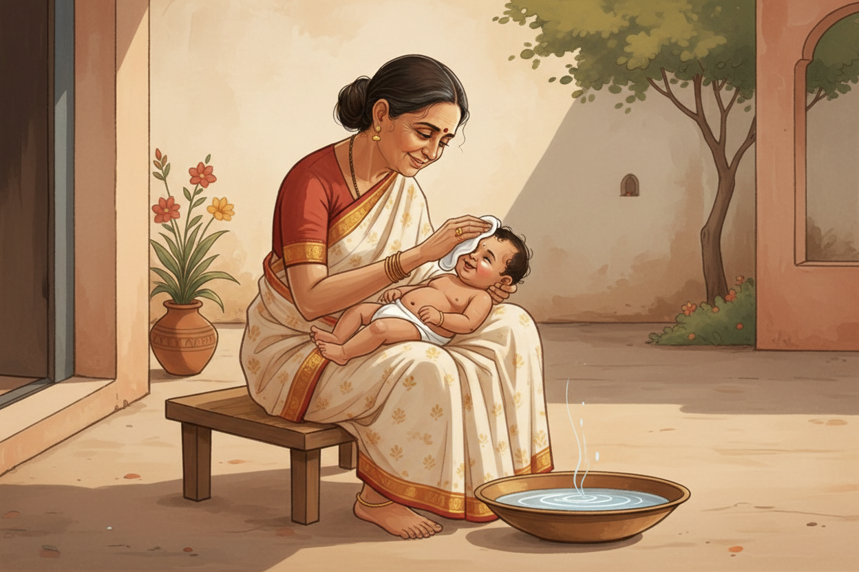 I want an natural minimal illustrational traditional Indian image of a grandmother wiping her grand baby with a cotton cloth dipped in pure water